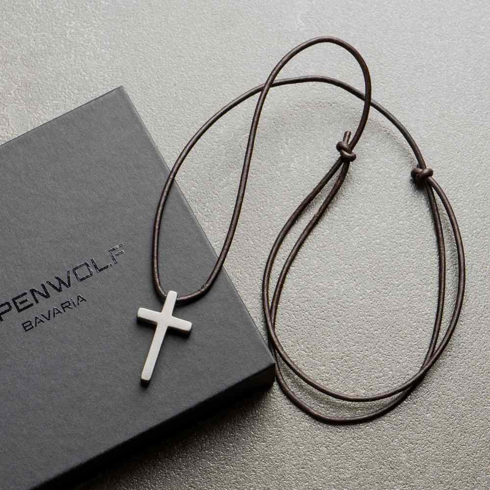 ALPENWOLF Halskette Kreuz – braune Lederkette mit Edelstahl-Kreuz