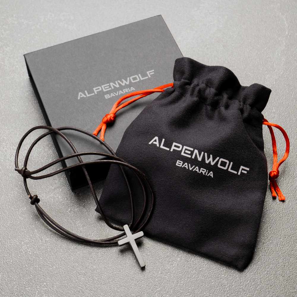 ALPENWOLF Halskette Kreuz – braune Lederkette mit Edelstahl-Kreuz