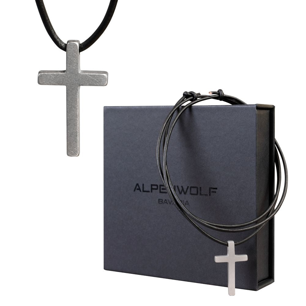 ALPENWOLF Halskette Kreuz – schwarze Lederkette mit Edelstahl-Kreuz