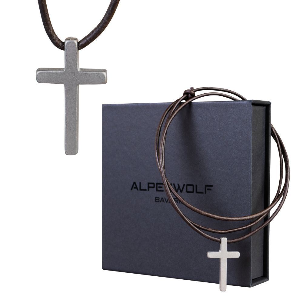ALPENWOLF Halskette Kreuz – braune Lederkette mit Edelstahl-Kreuz
